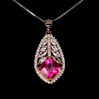 14k Yellow Gold Plated 3.00Ct Cushion Lab-Created Pink Ruby Leaf Pendant Women's - Image 1 of 4