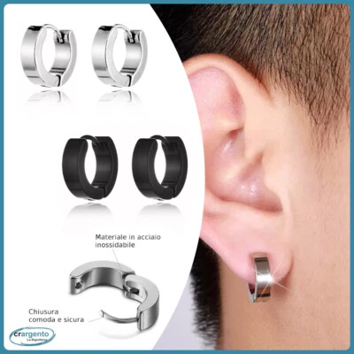 orecchini da uomo donna a cerchio in acciaio inox cerchietti cerchi nero argento - Immagine 1 di 4