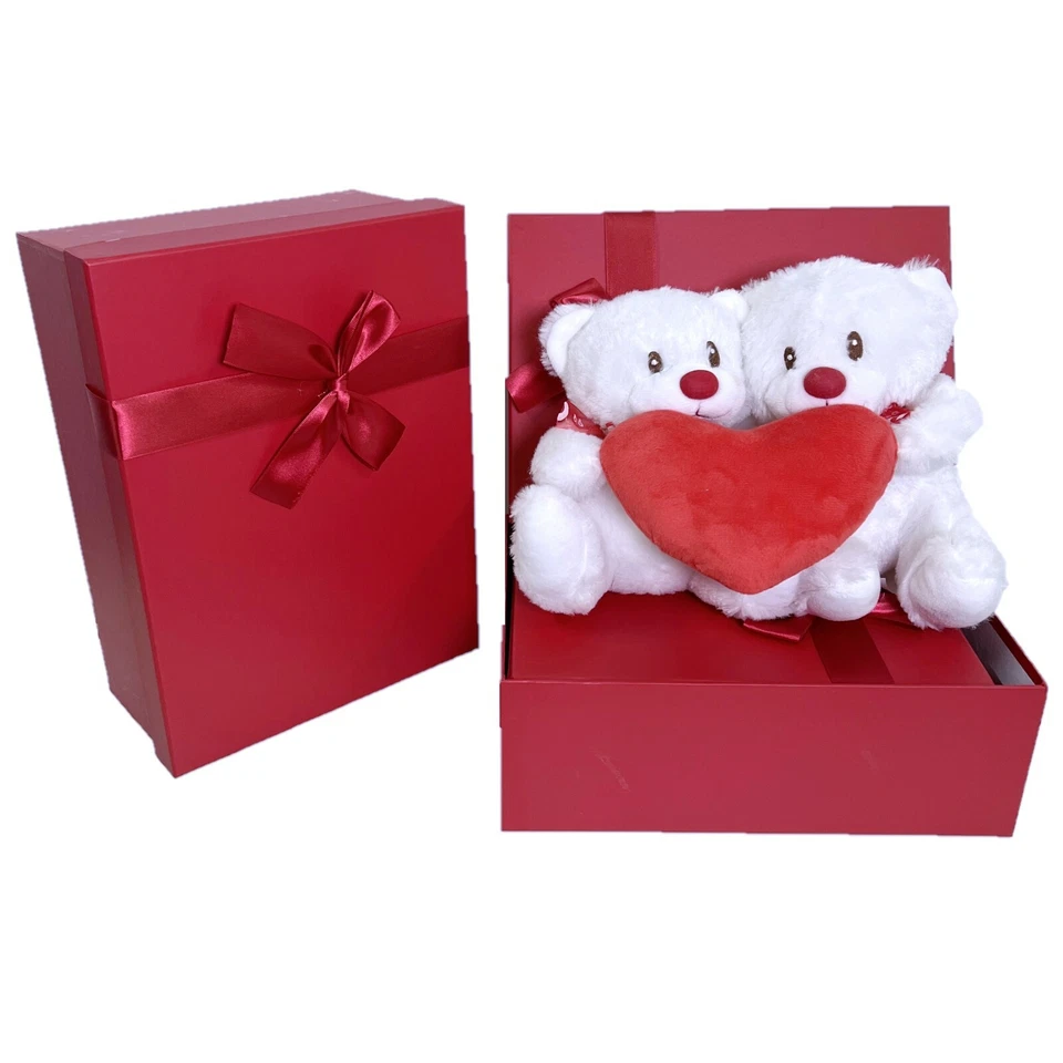 BEATRIZ Coppia Orsetti con Cuore 20cm Peluche Bianco Scatola Regalo San Valentino