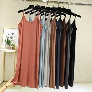 Modal V-Neck Women Nightdress Summer Sleeveless Dress with Slit Hem Lounge Wear - Picture 1 of 22