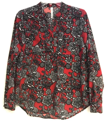 NY Collection Medium Petite Tunic Top Black Red Paisley Pleated Roll Tab NWOT - Image 1 of 4
