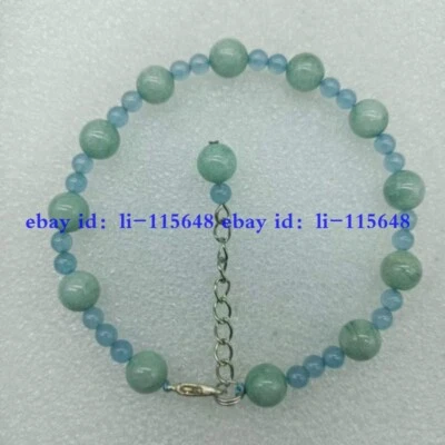 New 8mm Green Jade & 4mm Light Blue Jade Round Gemstone Bead Bracelet 7.5 Inch - Image 1 of 4