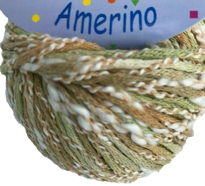 Laines Du Nord AMERINO #98 Peach Beige Sage Tan White Thin Thick Slub Yarn Skein - Image 1 of 4