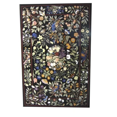 Handmade Pietra Dura Side Table Top - 60" x 36" Gemstone Floral Pattern - Image 1 of 4