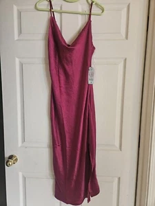 J For Justify Satin Slip Dress Size Large Midi Dress Hot Pink NWT Split Leg - Picture 1 of 7