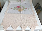 large 23x76" CUTTER LINEN TABLE RUNNER embroidered 12" hand crochet trim vintage
