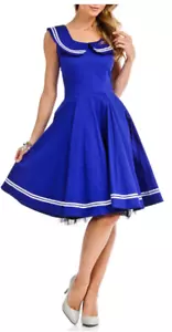 Vintage Navy Blue Sailor Dress Womens 14 Retro 1950s Pinup Nautical Rockability - Picture 1 of 16