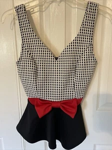 Papaya Black & White V neck Sleeveless Top - Red Bow- Flared - Picture 1 of 17