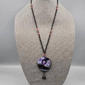 Purple Banded Agate Pendant Necklace Large Spinner Stone Black Red Beaded - Picture 1 of 10