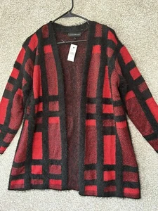 Lane Bryant Black Red Plaid Open Front Cozy Stretch Cardigan Sweater Sz 10/12 - Picture 1 of 6