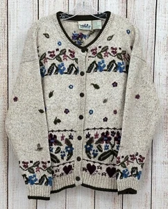 Vintage Northern Reflections Wool Cardigan Size Large Embroidered Floral Hearts - Picture 1 of 7