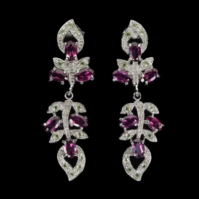 Sommer 925 Silber Ohrringe Oval Rhodolith Peridot Natürlicher Edelstein Schmuck - Bild 1 von 4