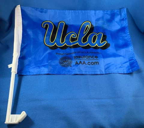 Preowned NCAA UCLA SCRIPT 2-SIDED 17”X11” NYLON CAR WINDOW MOUNT FLAG with POLE Cover