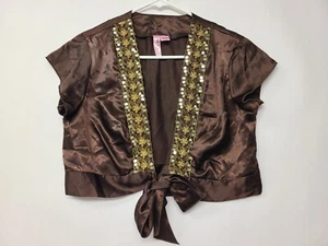 Dolled Up By Fang Woman's Srug Top Size L Brown Sequenced Gold Beading Front Tie - Picture 1 of 10