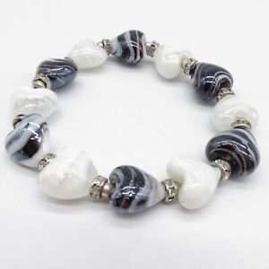 Art Heart Glass Beads Stretch Women Bracelet 8" Black White Glass Beads