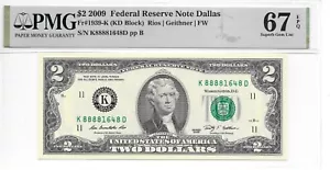 2009 Dallas $2 FRN Lucky Money KD Block PMG 67 EPQ Superb Gem Unc. (K8888xxxxD) - Picture 1 of 8
