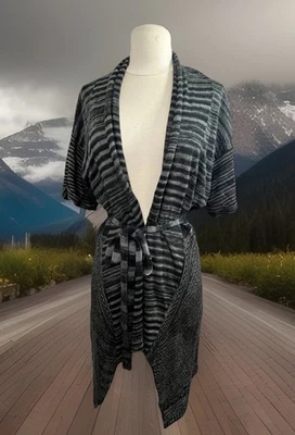 Elie Tahari 皮带开衫灰色条纹短袖轻便 S 围巾下摆 — 第 1/4 张图片