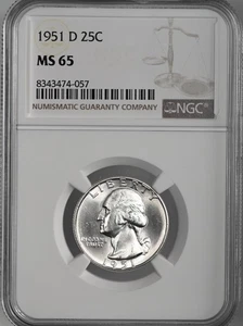 1951-D  25C WASHINGTON SILVER QUARTER NGC MS65 #8343474-057 TONING SPOTS REVERSE - Picture 1 of 4