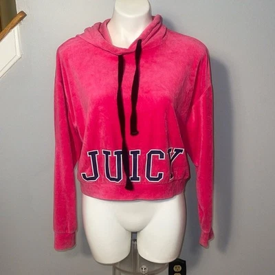 Juicy Couture ladies XS pink velour track hoodie with navy blue accents. - Image 1 of 4