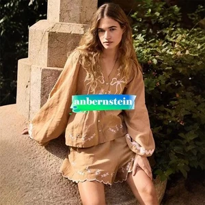 Camisa Top+Shorts SISSEL EDELBO Francesa Marrón Claro Lazo Bordado Manga Linterna - Imagen 1 de 11