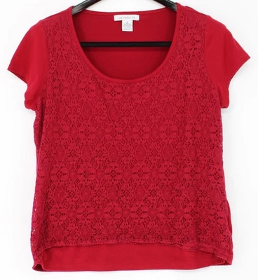 Camisa Liz Claiborne para mujer grande roja superpuesta de encaje manga corta cuello redondo Foto 1 de 3