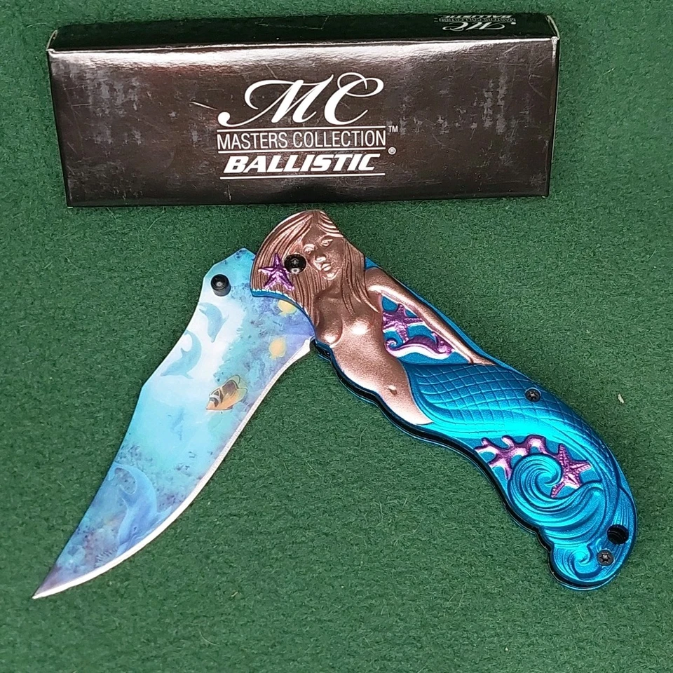 Masters Collection Collectors 3d Mermaid Spring Assisted Pocket Knife Light Blue