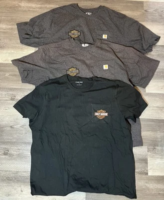 Three Harley Davidson / Carhartt T Shirts, Men’s 3XL, 2 Gray 1 Black - Read! Foto 1 de 4