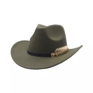 Green Western Cowboy Cowgirl Hat Felt Wide Brim Fedora with Gold Leaf Accent - Picture 1 of 3
