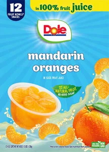 (12 Cups) Dole Fruit Bowls Mandarin Oranges in 100% Fruit Juice, 4 oz - Picture 1 of 11