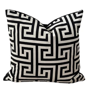 Black White Cushion Cover Geometric Meander River Retro Woven Jacquard 16” - Picture 1 of 1