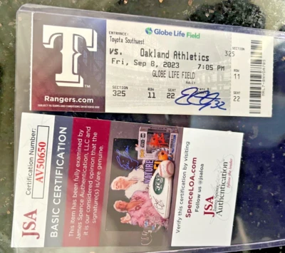 Texas Rangers Evan Carter MLB Debut 9/8/23 Auto MLB Debut Signed Ticket JSA COA - Image 1 of 4
