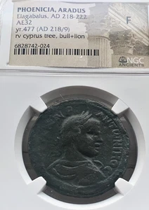 Elagabalus Phoenicia Aradus AE32 AD 218-222 Cyprus tree Bull Lion NGC F - Picture 1 of 4