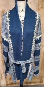 VINTAGE ESPRIT BY CAMPUS HIPPY WOMENS SWEATER BLUE KNIT LONG CARDIGAN LARGE - Picture 1 of 6