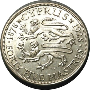 elf Cyprus 45 Piastres 1928 George V Silver 50th Anniv of British Rule - Picture 1 of 2