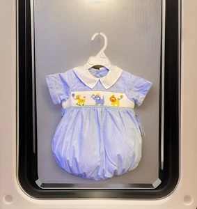 Boys NWT Remember Nguyen Smocked Bubble Romper Stripes Parade 12 Months - Picture 1 of 10