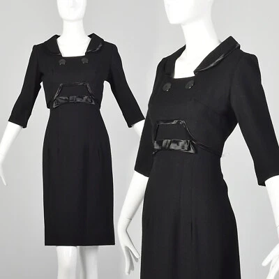 S 1950s Black Dress Wool Pencil Sheath Classic LBD Pinup Rockabilly Bow 50s VTG - Image 1 of 4