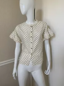 LEON & HARPER Anthropologie Cream/Black Polka Dot Cotton Lace-Trim Button Blouse - Picture 1 of 8