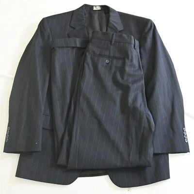 Jos A Bank 42S 36x34 Navy Blue Wide Stripe 100% Wool Gordon Jacket Pants Suit - Image 1 of 4