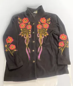 Chaqueta polar vintage Bob Mackie arte portátil floral bordada negra talla 1X - Imagen 1 de 7