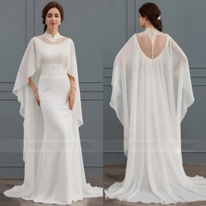Chiffon Wedding Dresses with Cape Elegant White High Neck Satin Bridal Gowns - Picture 1 of 7