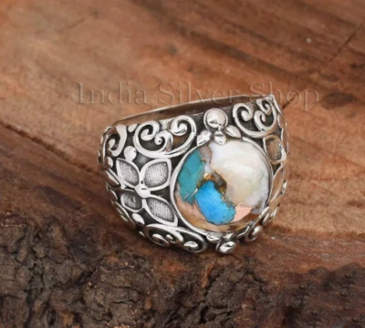 Anillo Ostra Cobre Turquesa Plata Esterlina Filigrana Distintiva Banda Cóctel Foto 1 de 4