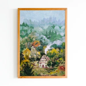 A6 DRUCK Gemälde Landschaft Herbstlandschaft Nebel Kiefer Waldhaus - Bild 1 von 3