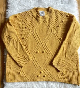 Jaase Women’s Size Small mustard crew neck acrylic knit sweater Pom Poms BIN M - Picture 1 of 7