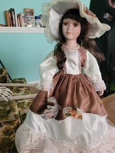 Beautiful Porcelain Girl Doll With Brown Hair And Brown Eyes - Picture 1 of 3