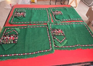 Vintage Green Swedish Folk Embroidered Fringe Placemats with Table Napkins - Picture 1 of 5