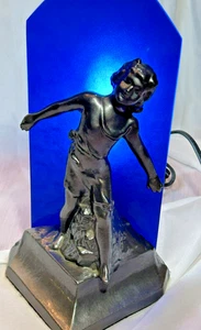 Art Deco Accent Lamp Figural Girl Blue Slag Glass Fan Shade Panel - Picture 1 of 11