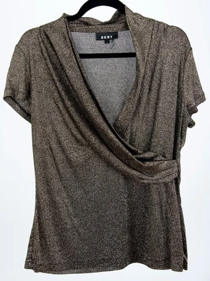 DKNY Womens Gold Metallic Cap Sleeve Faux Wrap Vneck Top XL EUC - Image 1 of 3