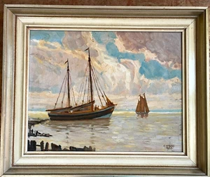 C.H. Tacke Ölgemälde „Segelboote bei Abend auf der Elbe“ 1963 Deutschland - Picture 1 of 2