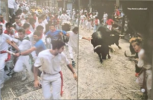 2001 - 2 PAGE PRINT AD - VW VOLKSWAGEN RUNNING WITH THE BULLS - YELLOW VW BEETLE - Picture 1 of 1