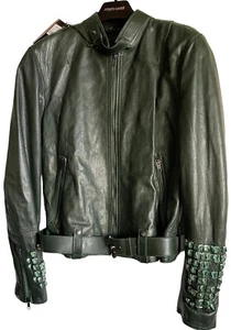 Roberto Cavalli Leather Jacket 48 Euro Long Sleeve Rock Nugget Zip Green 2000’s - Picture 1 of 24